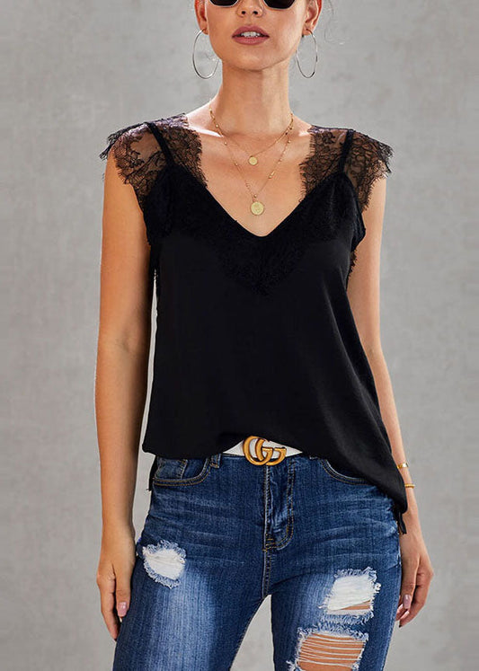 Summer Patchwork Chic Vests Black Lace
