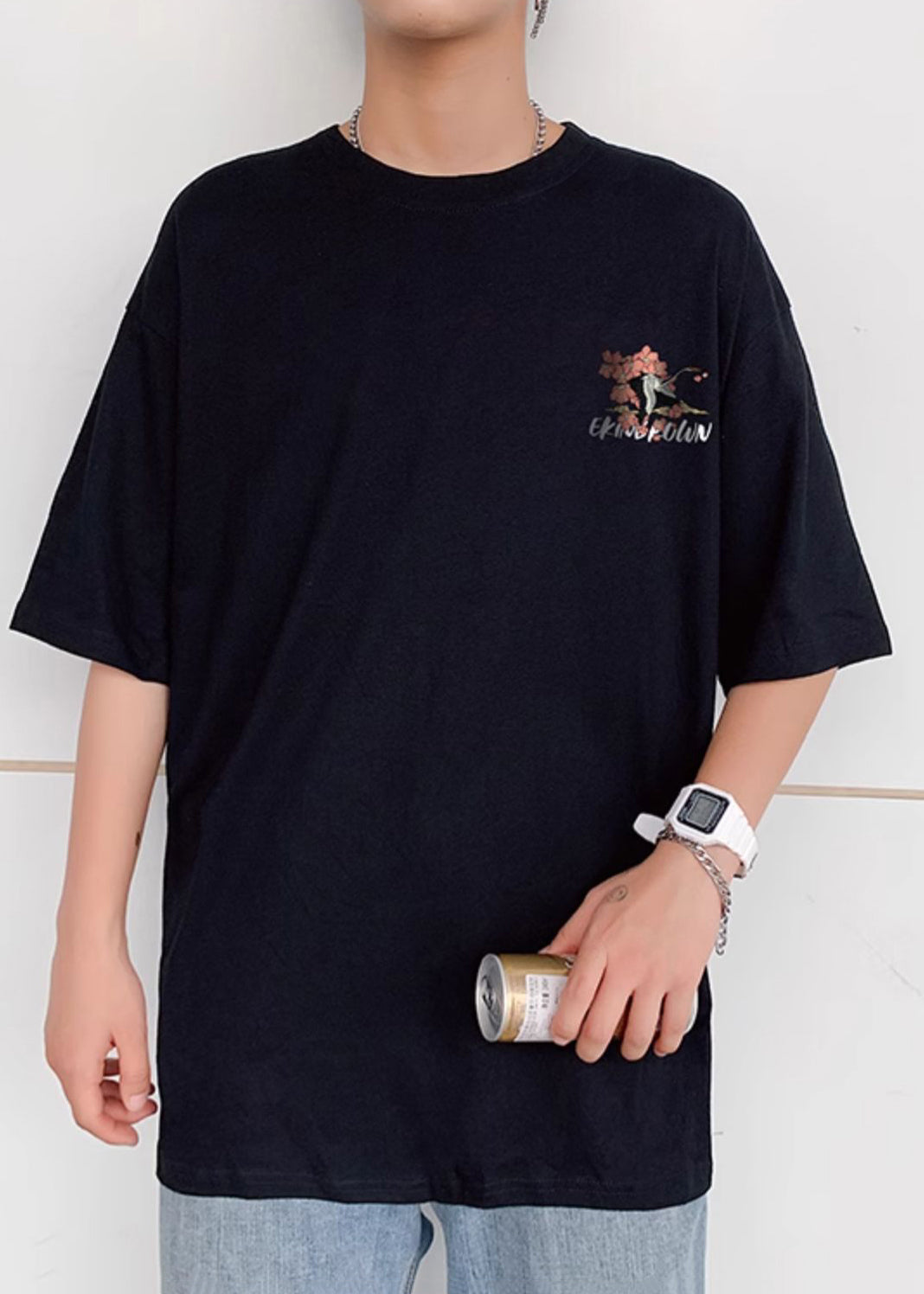 Men Black Print Chic Oversized Shirts Cotton T Neck Summer O