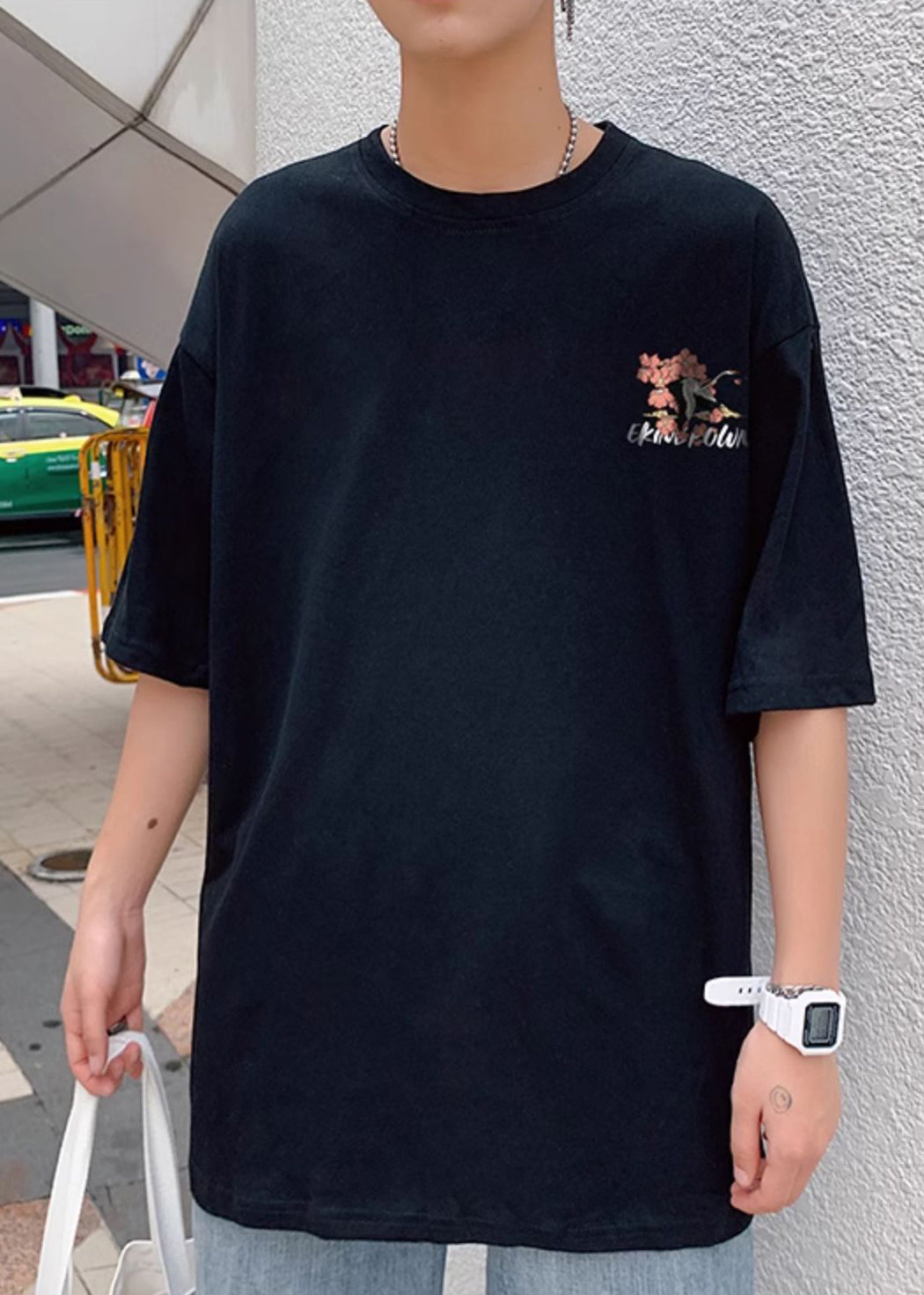 Men Black Print Chic Oversized Shirts Cotton T Neck Summer O