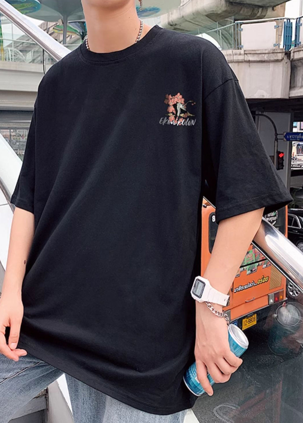 Men Black Print Chic Oversized Shirts Cotton T Neck Summer O