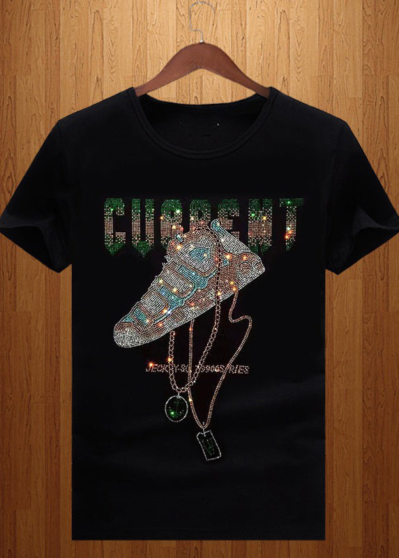 Zircon Men Shirt Chic Neck T Summer Black Cotton O