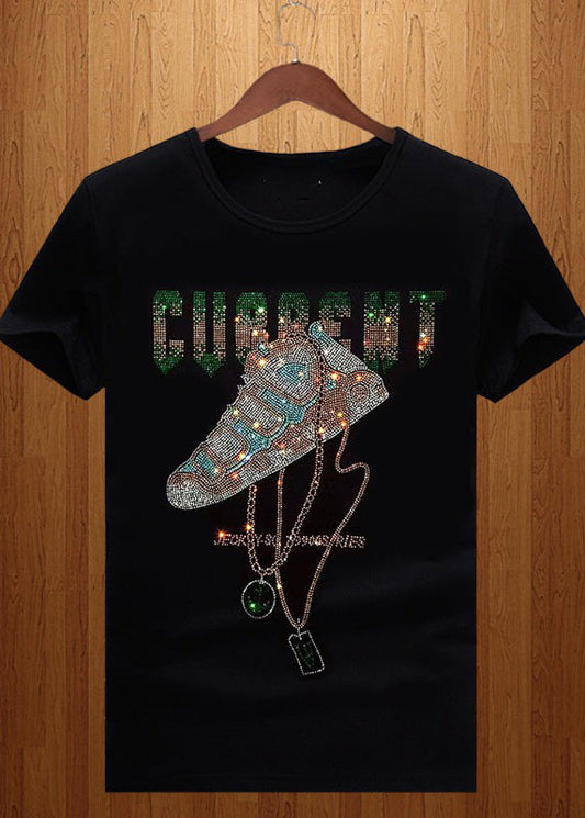 Zircon Men Shirt Chic Neck T Summer Black Cotton O