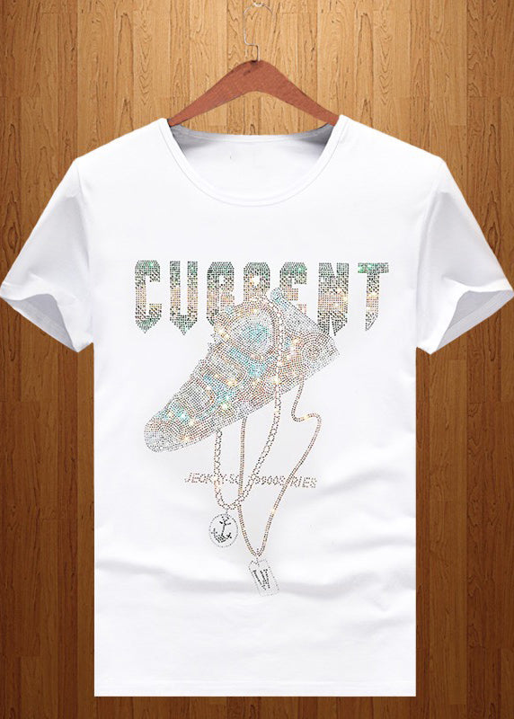 Zircon Men Shirt Chic Neck T Summer Black Cotton O