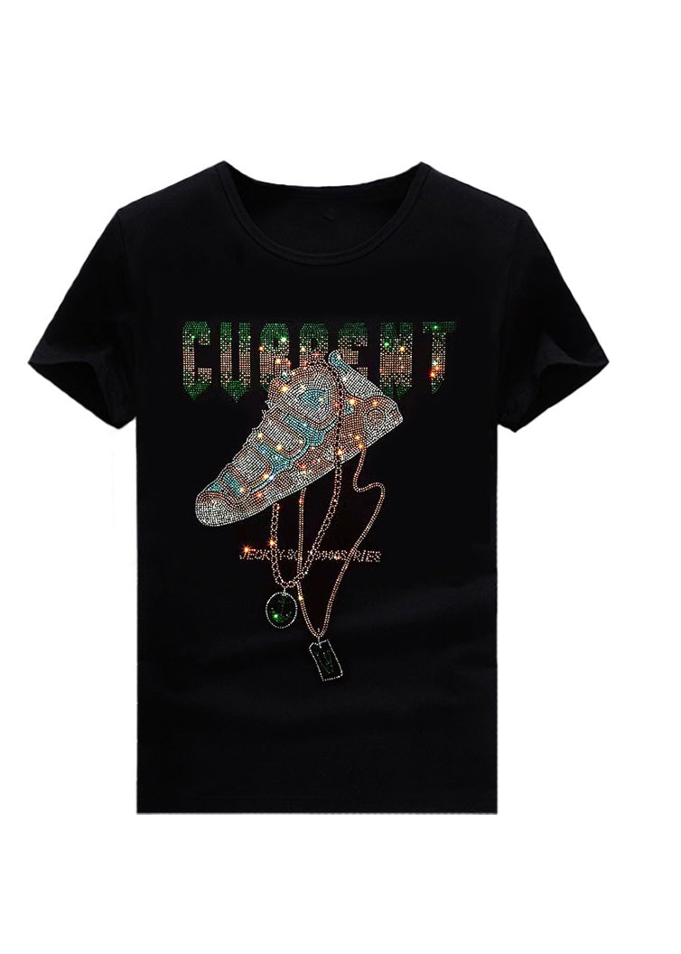 Zircon Men Shirt Chic Neck T Summer Black Cotton O