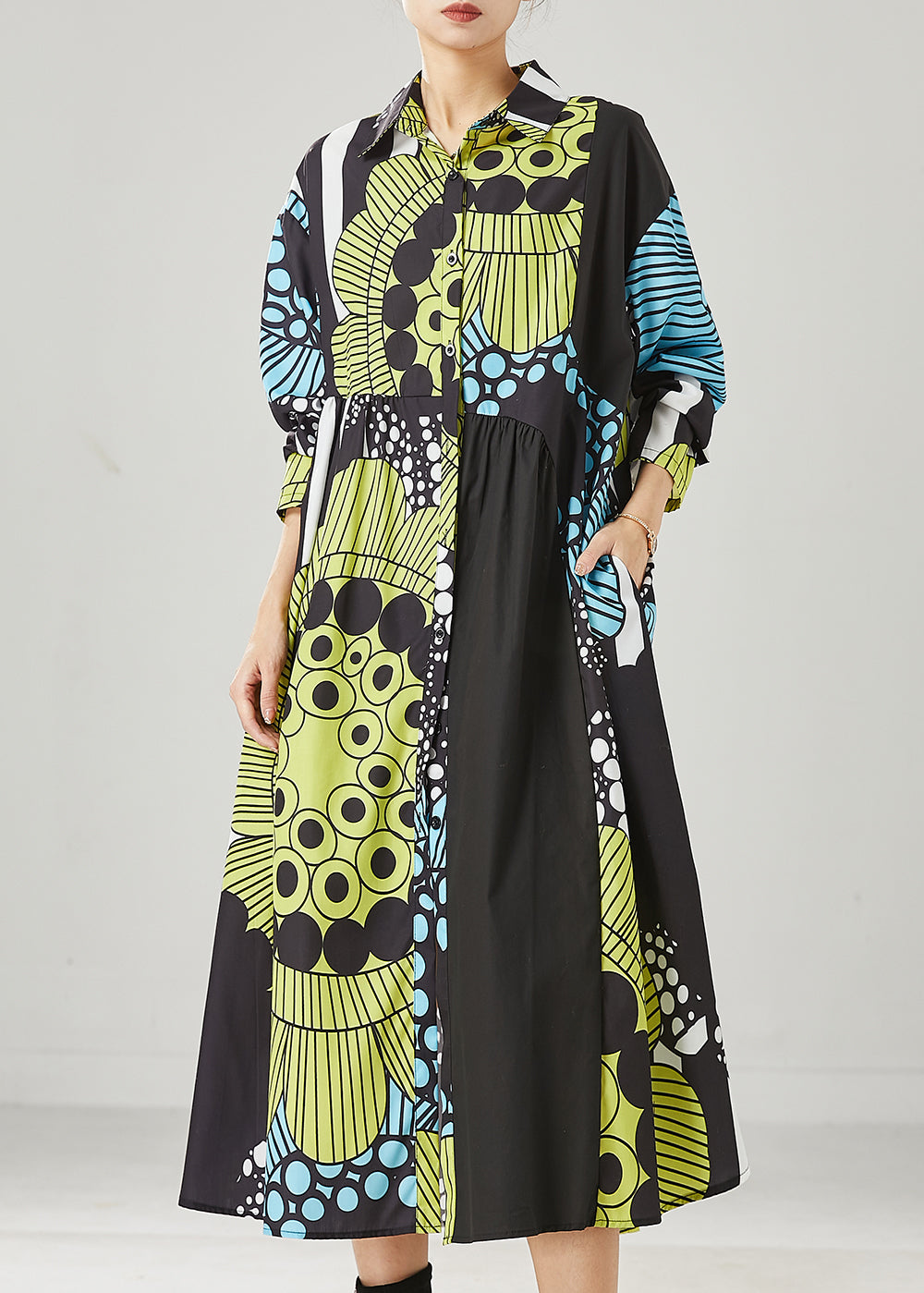 Chic Black Oversized Print Cotton Maxi Dresses Spring YU1036