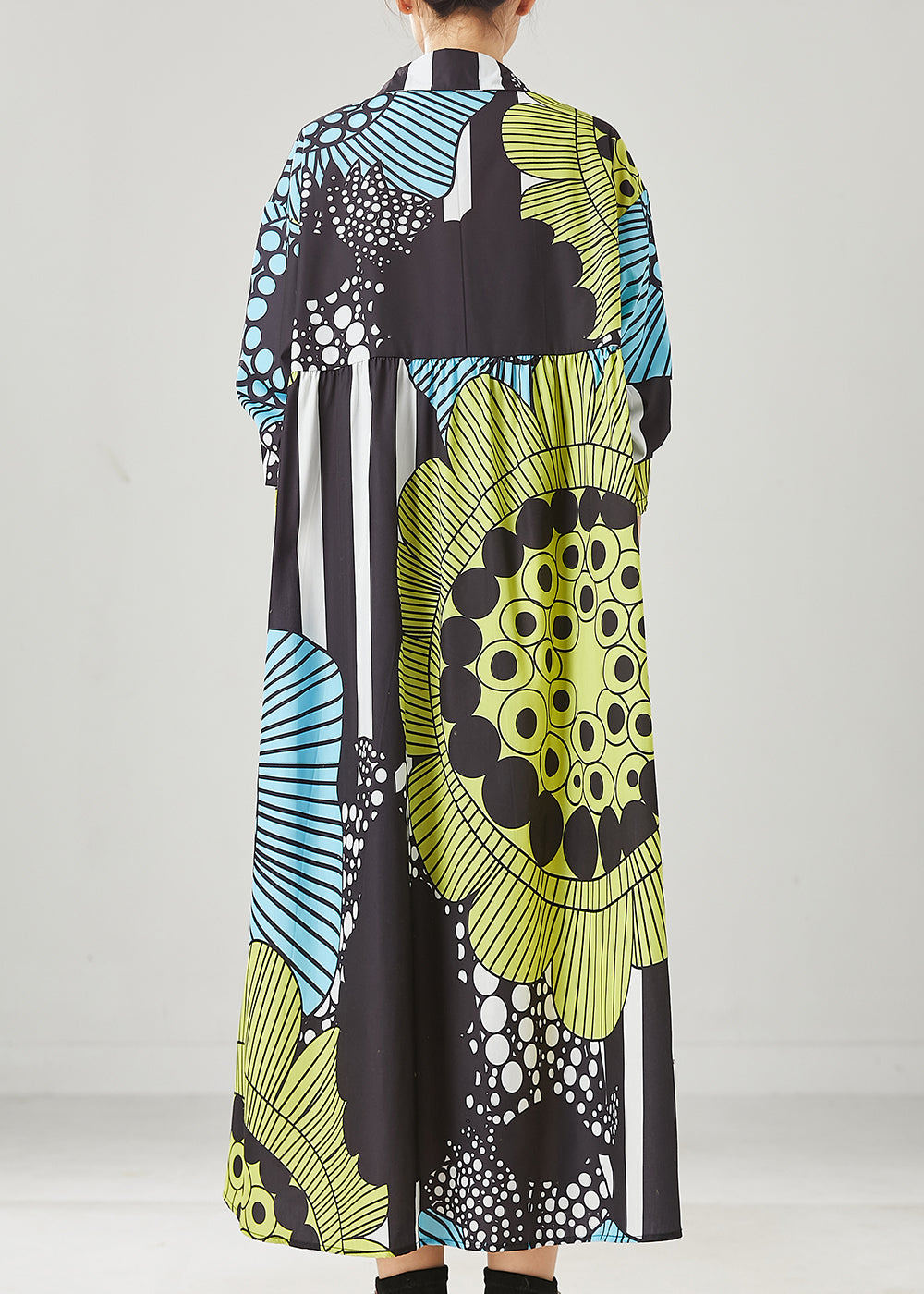 Chic Black Oversized Print Cotton Maxi Dresses Spring YU1036