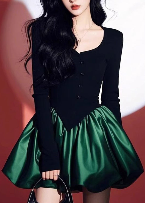 Dress O-Neck Black Mid Patchwork Spring Chic Green