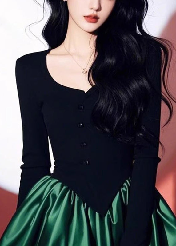 Dress O-Neck Black Mid Patchwork Spring Chic Green