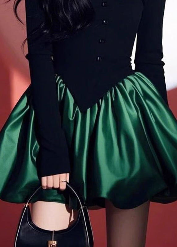 Dress O-Neck Black Mid Patchwork Spring Chic Green