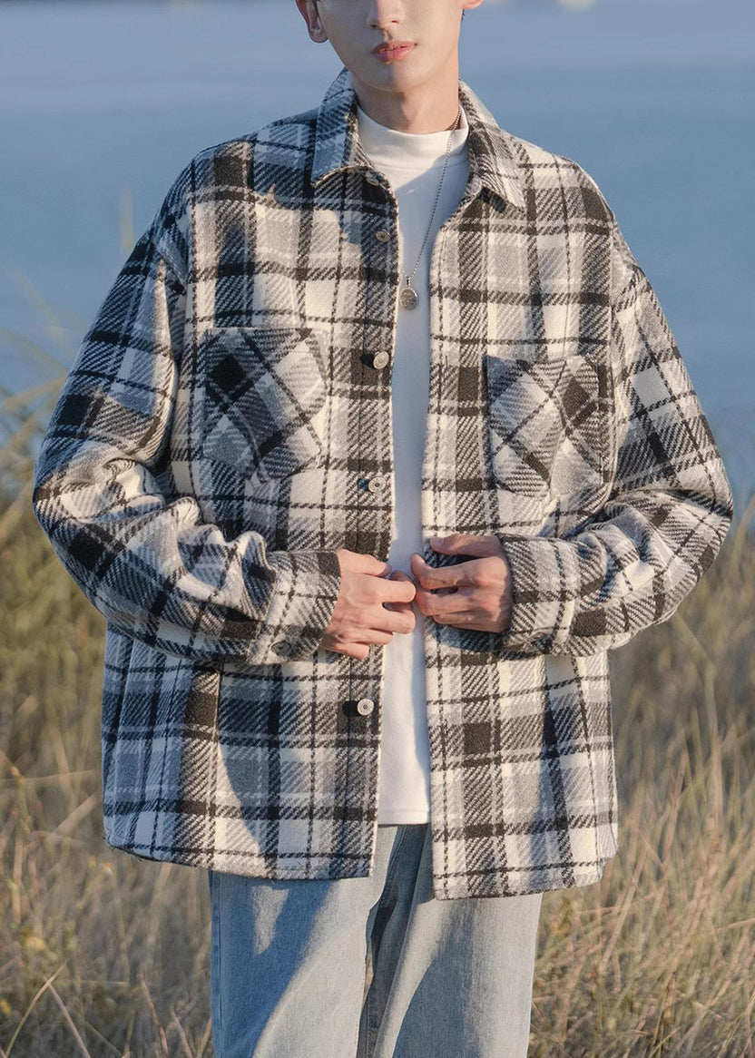 Spring Black Shirts Chic Pockets Plaid Coats Woolen Button Men