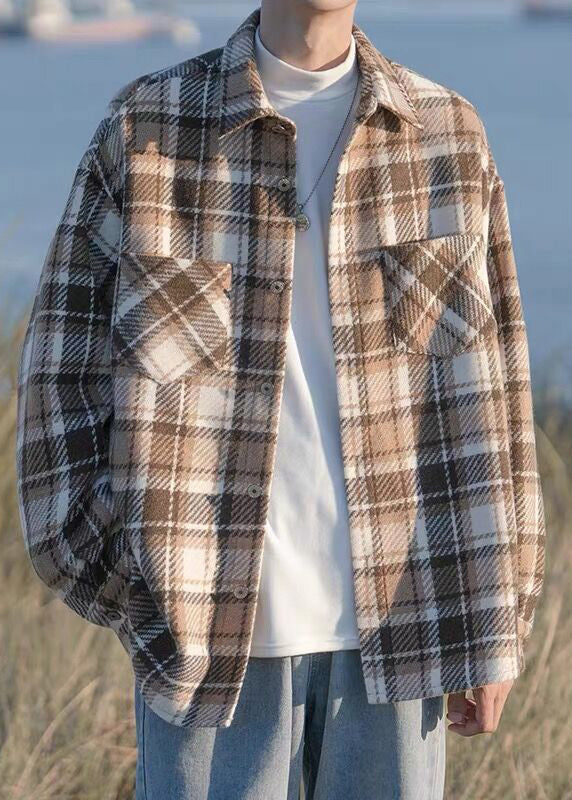 Spring Black Shirts Chic Pockets Plaid Coats Woolen Button Men