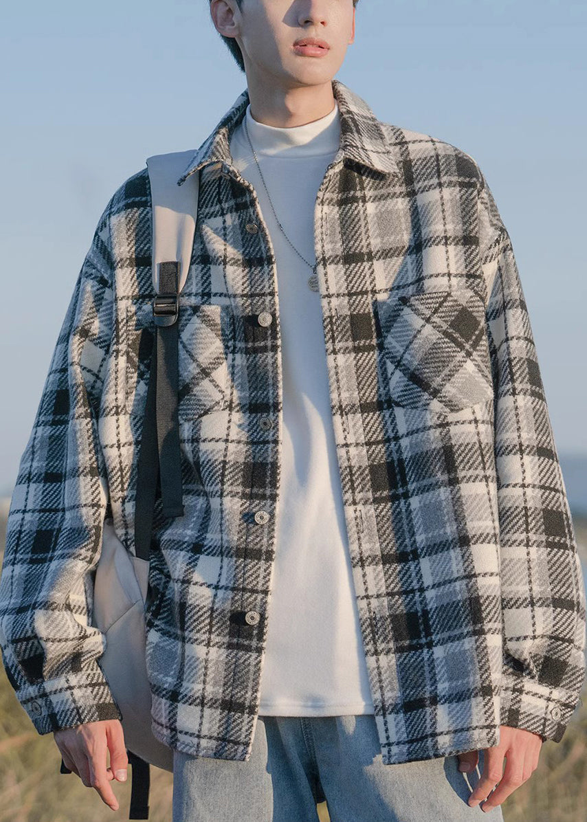 Spring Black Shirts Chic Pockets Plaid Coats Woolen Button Men