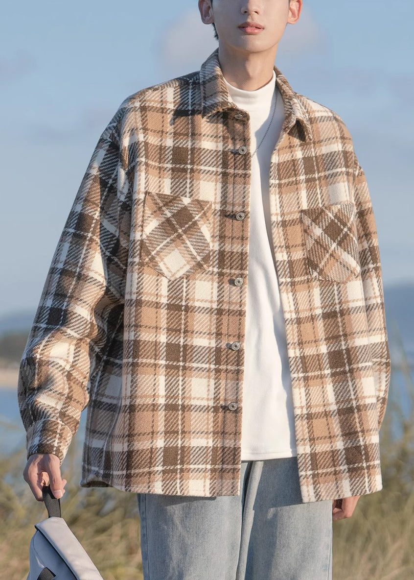 Spring Black Shirts Chic Pockets Plaid Coats Woolen Button Men