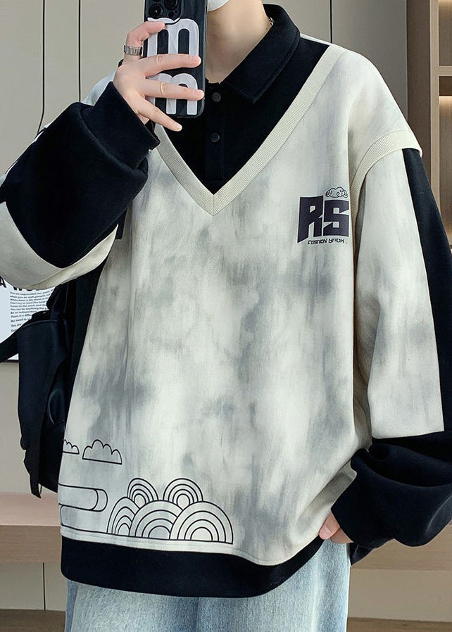 Patchwork Print Button Mens Spring Sweatshirts Chic Cotton Black