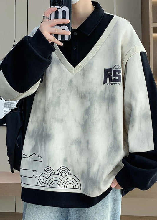 Patchwork Print Button Mens Spring Sweatshirts Chic Cotton Black