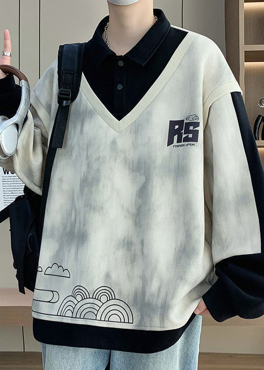 Patchwork Print Button Mens Spring Sweatshirts Chic Cotton Black