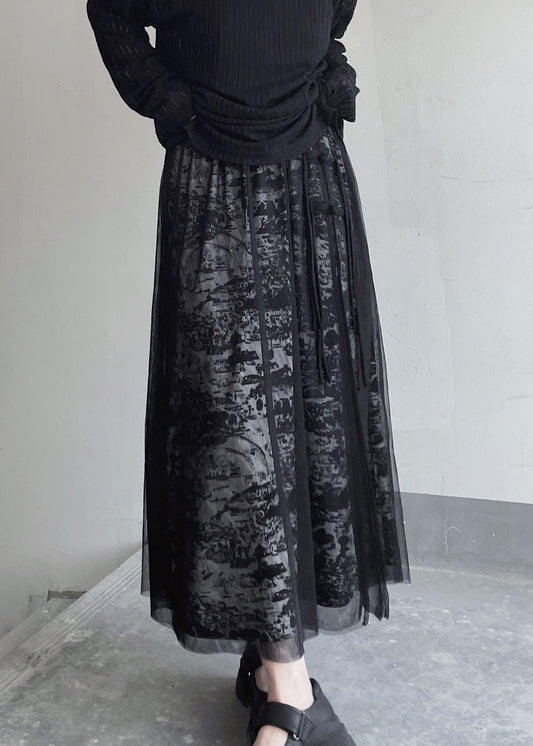 Chic Black Print Elastic Waist Patchwork Tulle Skirt Summer OP1038