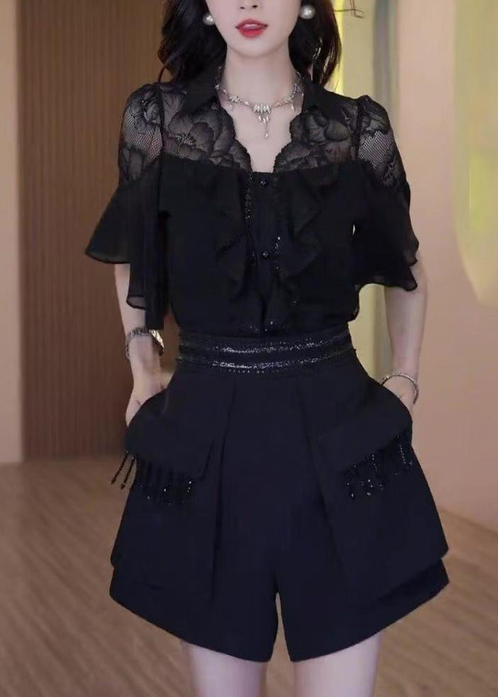 Lace Outfits Black Set Two Chic Summer Patchwork Ruffled Piece