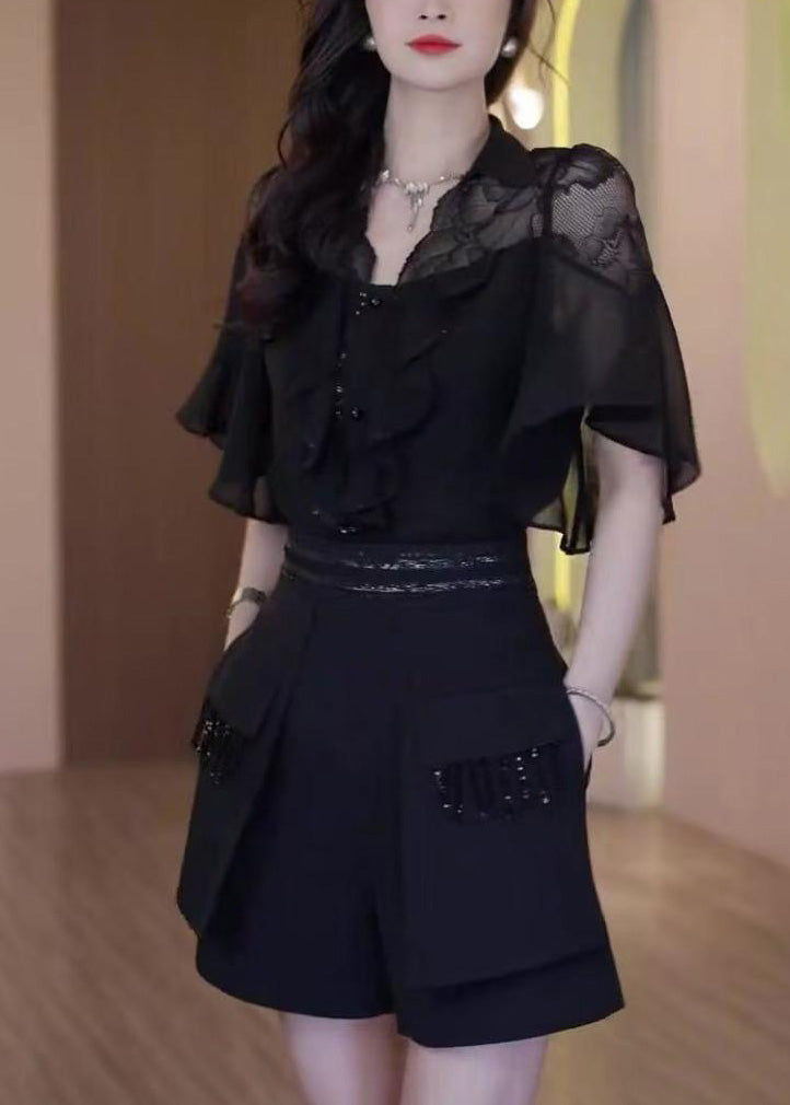 Lace Outfits Black Set Two Chic Summer Patchwork Ruffled Piece
