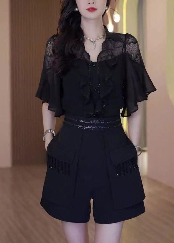 Lace Outfits Black Set Two Chic Summer Patchwork Ruffled Piece