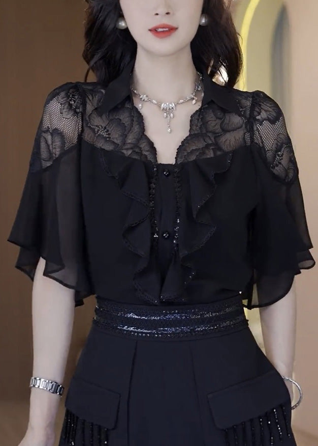 Lace Outfits Black Set Two Chic Summer Patchwork Ruffled Piece