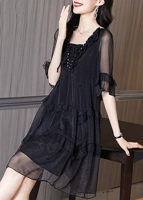 Chic Summer Chiffon Black Ruffled Patchwork Dress
