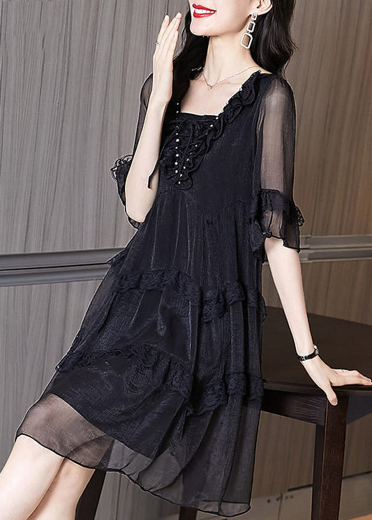 Chic Summer Chiffon Black Ruffled Patchwork Dress