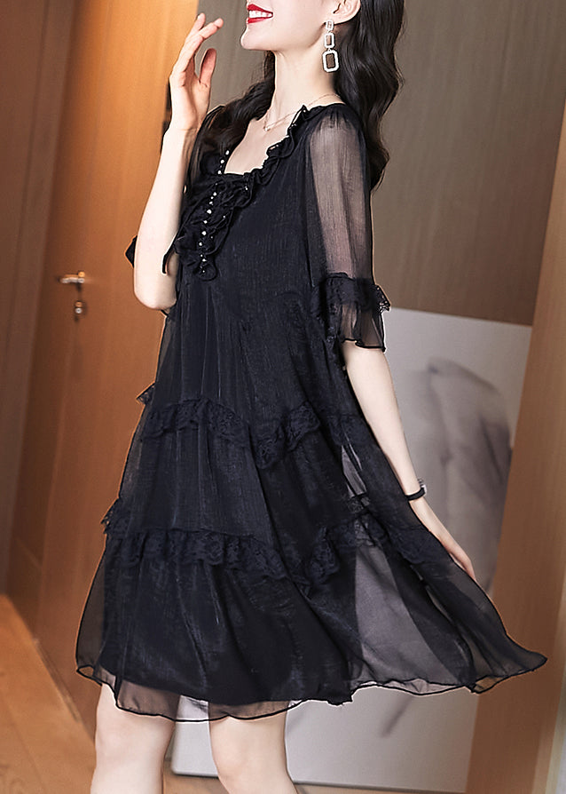 Chic Summer Chiffon Black Ruffled Patchwork Dress