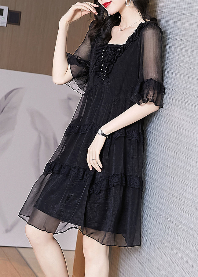 Chic Summer Chiffon Black Ruffled Patchwork Dress