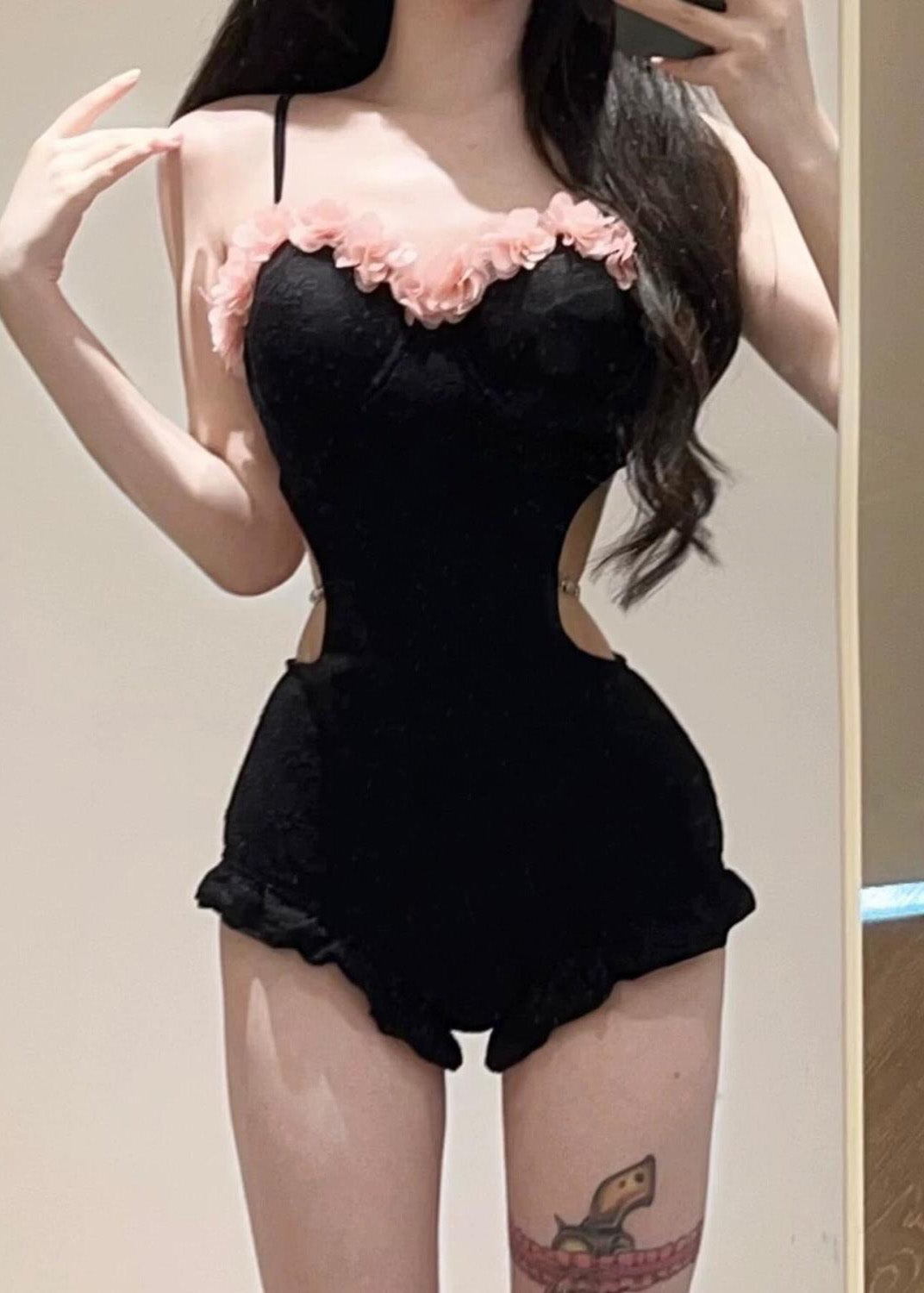 Ruffled Chic Black Hollow Bodysuit Tulle Patchwork Out