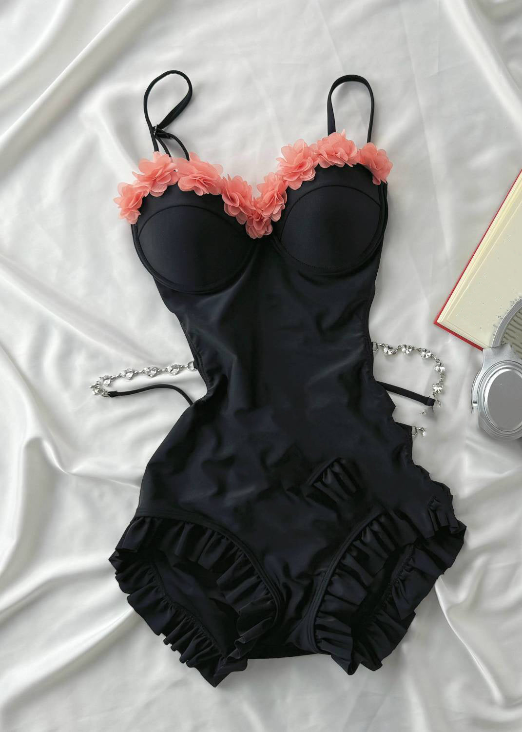 Ruffled Chic Black Hollow Bodysuit Tulle Patchwork Out