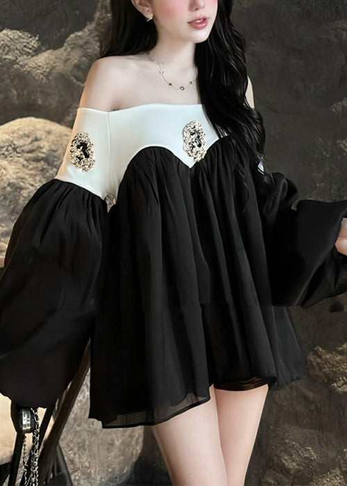 Chic Patchwork Mid Lantern Slash Black Sleeve Neck Dress Chiffon