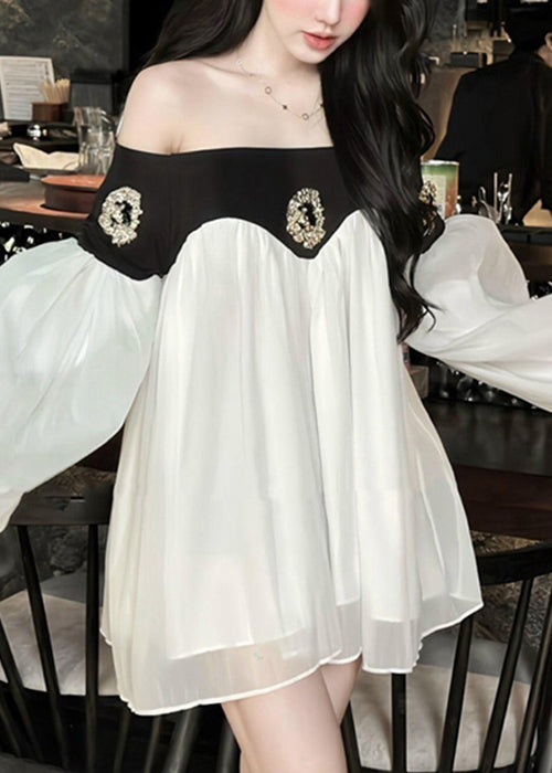 Chic Patchwork Mid Lantern Slash Black Sleeve Neck Dress Chiffon