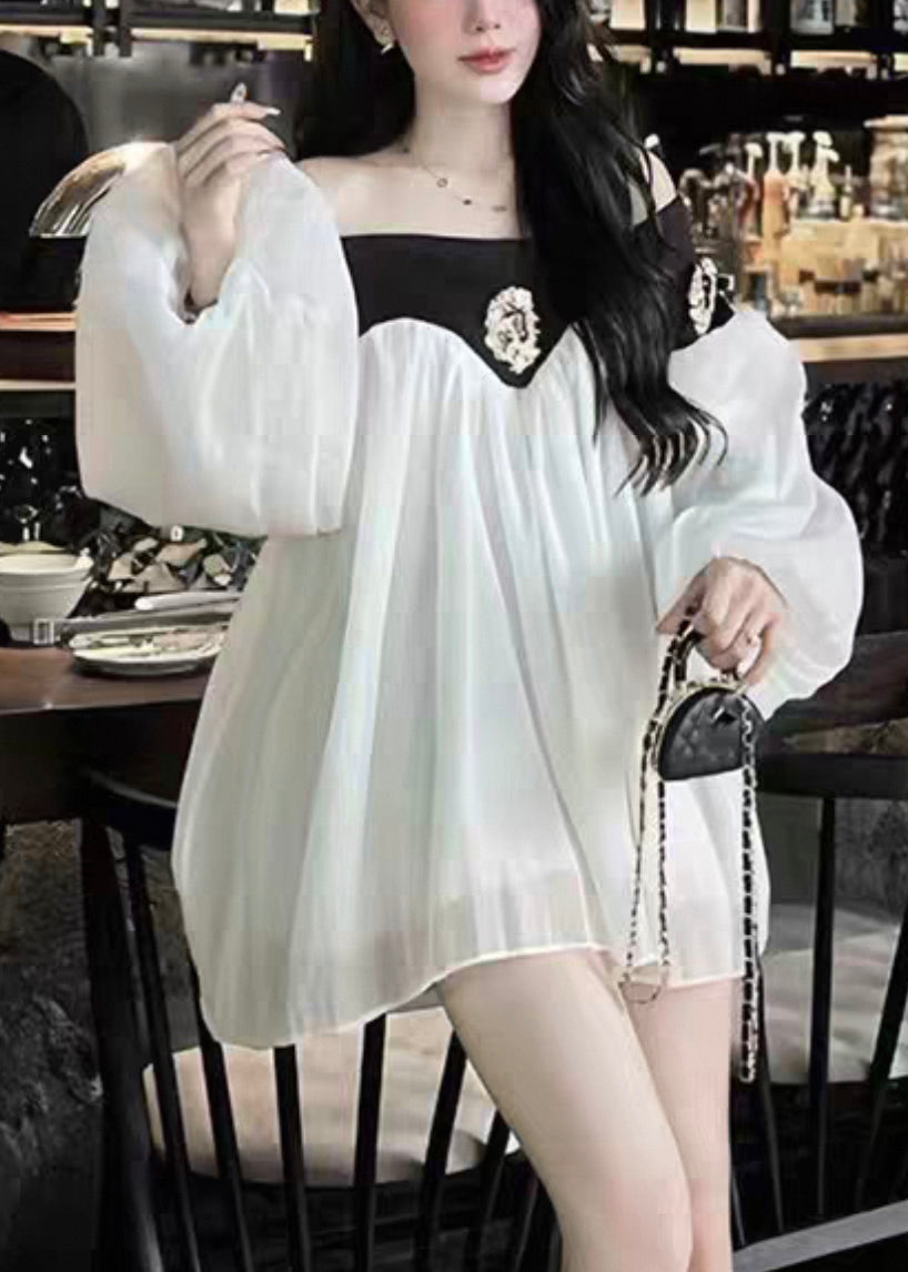 Chic Patchwork Mid Lantern Slash Black Sleeve Neck Dress Chiffon