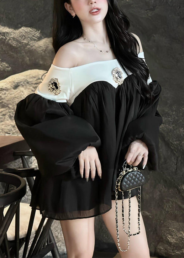 Chic Patchwork Mid Lantern Slash Black Sleeve Neck Dress Chiffon