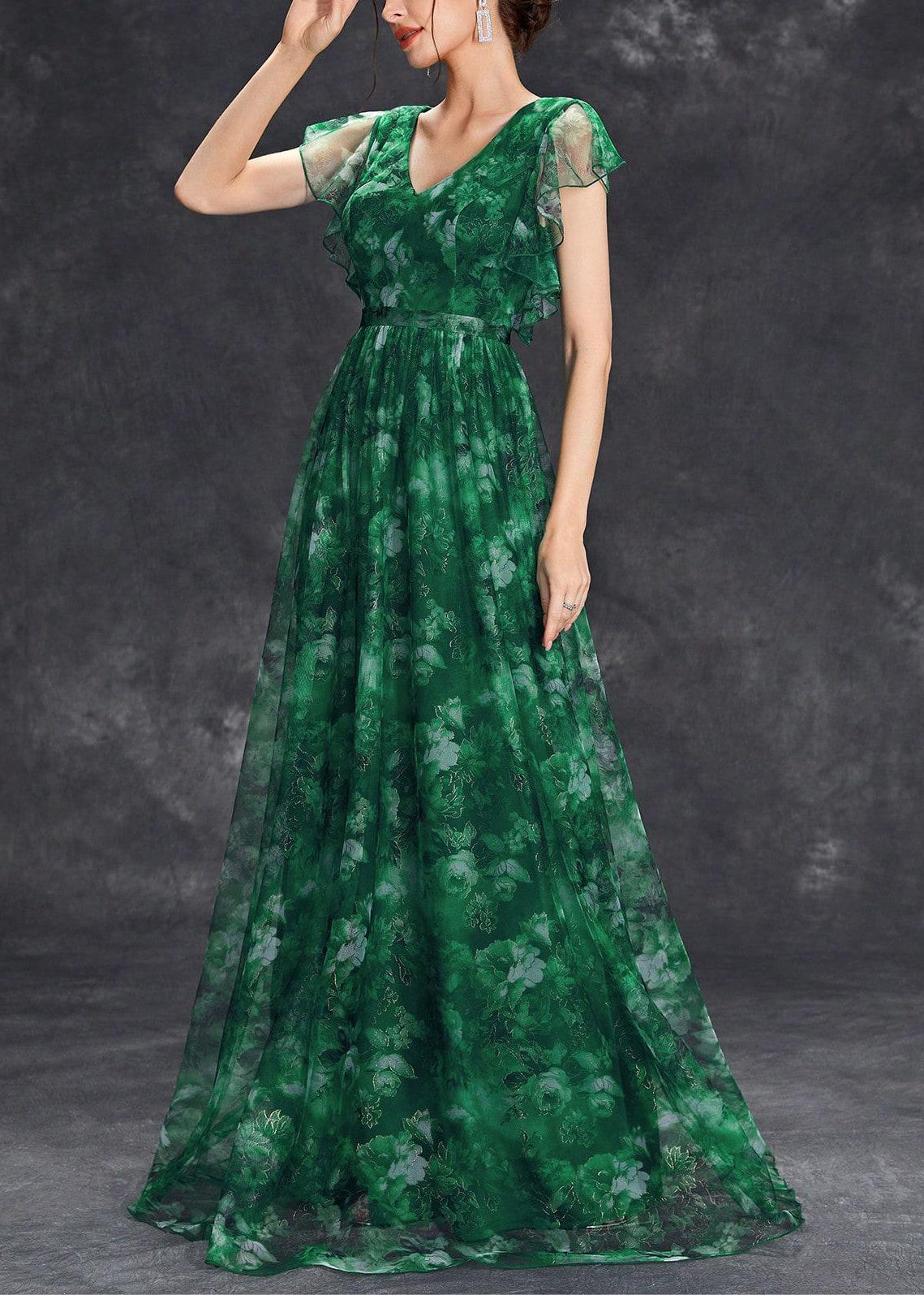 Blackish Chic Tulle Patchwork Tunic Green Maxi Ruffled Dress