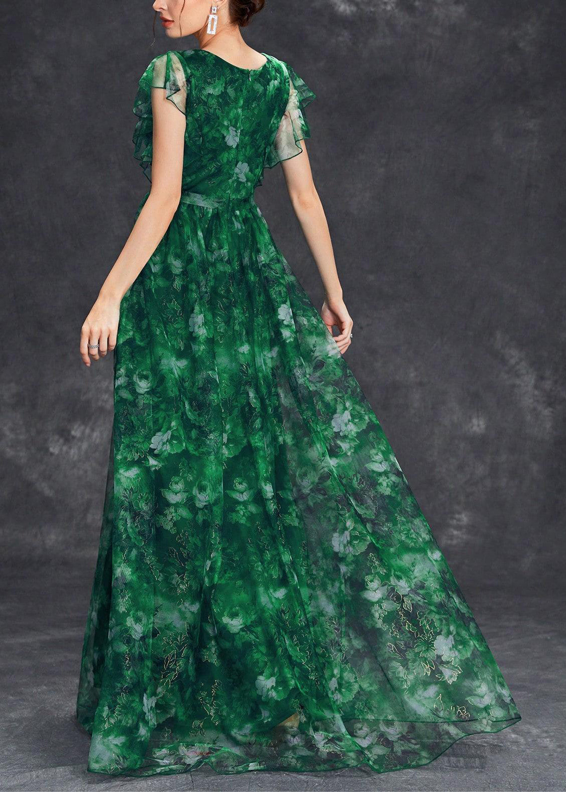 Blackish Chic Tulle Patchwork Tunic Green Maxi Ruffled Dress