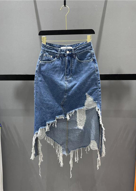 Hole Skirts Chic Tassel Asymmetrical Pockets Denim Blue
