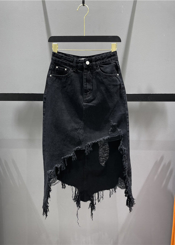 Hole Skirts Chic Tassel Asymmetrical Pockets Denim Blue