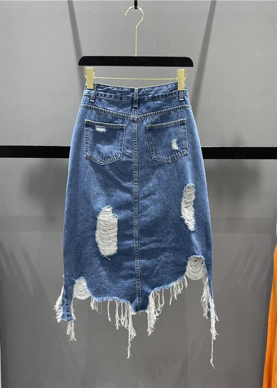 Hole Skirts Chic Tassel Asymmetrical Pockets Denim Blue
