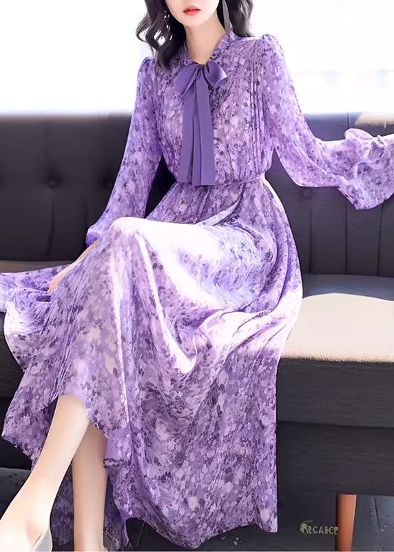 Chic Blue Bow Print High Waist Chiffon Long Dress Fall QR043