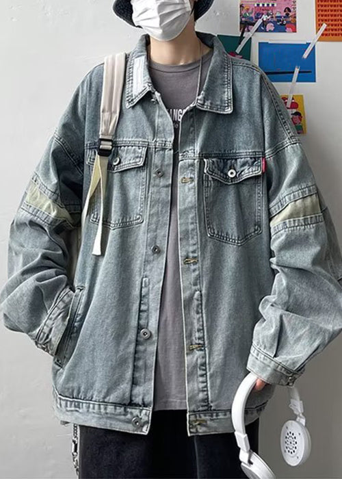 Chic Blue Button Pockets Patchwork Mens Coats Spring TC046