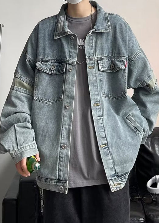 Chic Blue Button Pockets Patchwork Mens Coats Spring TC046