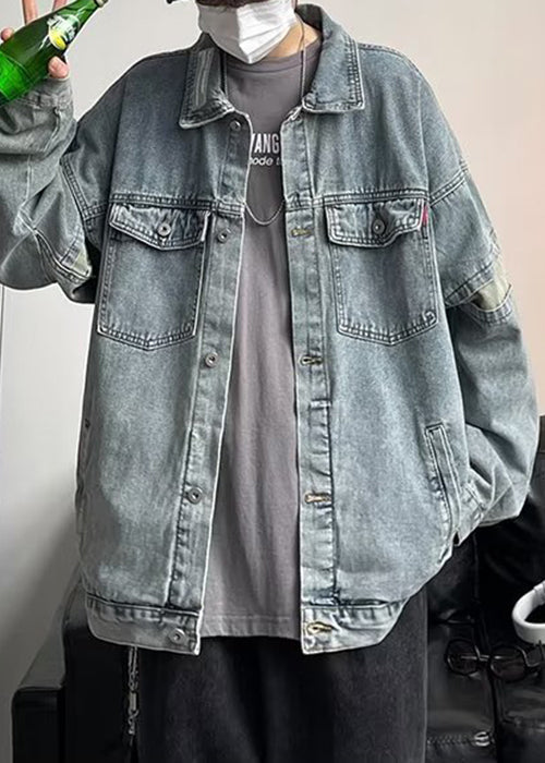 Chic Blue Button Pockets Patchwork Mens Coats Spring TC046