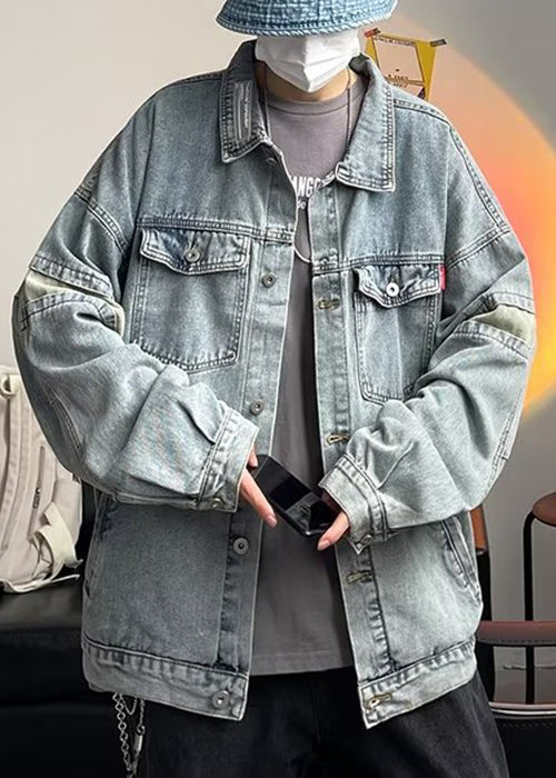 Chic Blue Button Pockets Patchwork Mens Coats Spring TC046