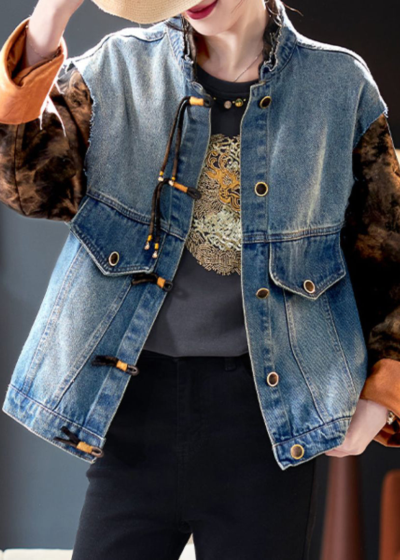 Chic Blue Button Print Patchwork Denim Coat Spring QA1008 Ada Fashion