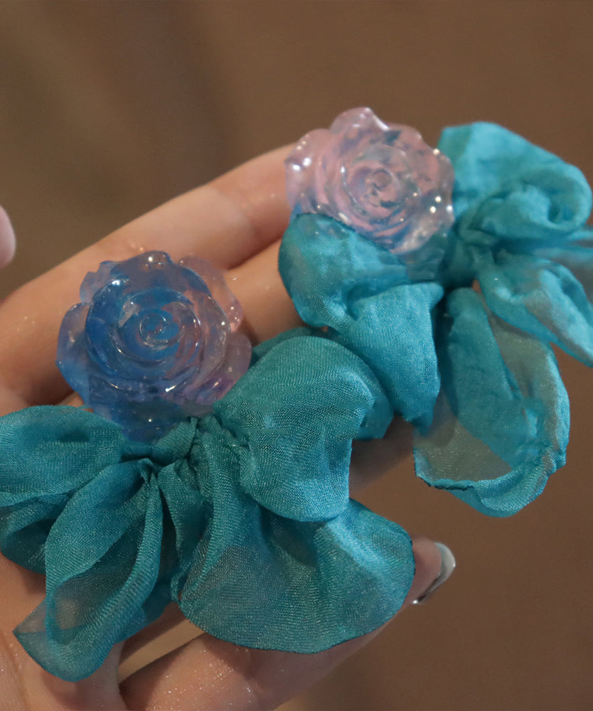 Resin Blue Bow Patchwork Earrings Hoop Floral Chiffon Chic
