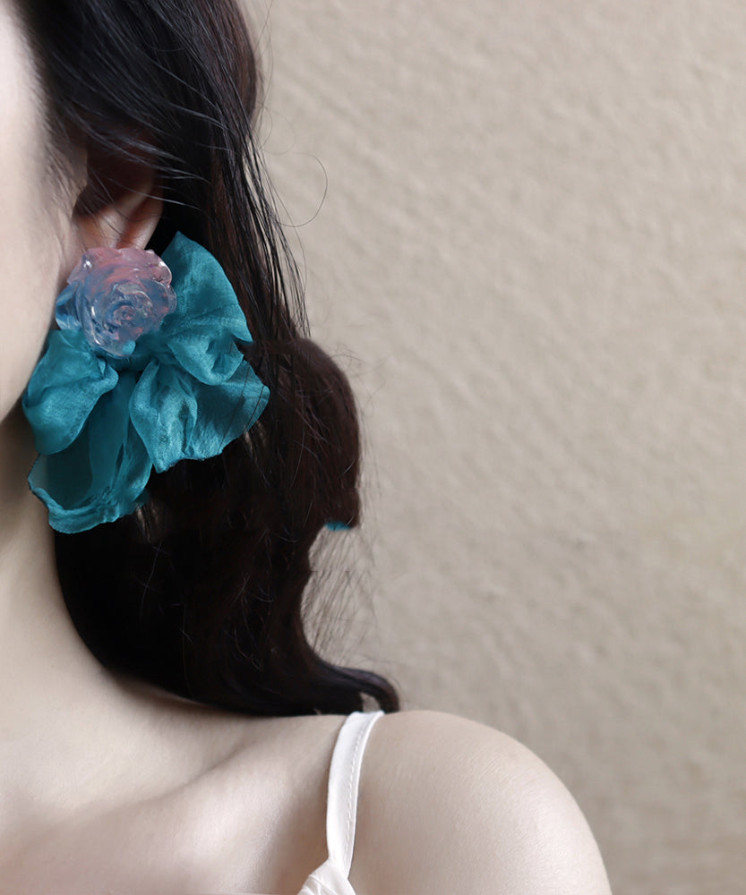 Resin Blue Bow Patchwork Earrings Hoop Floral Chiffon Chic