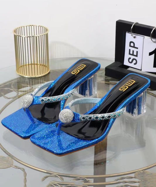 Schicke blaue Flip-Flops mit klobigem Absatz, blaues Kunstleder, Zirkonia, XC1002