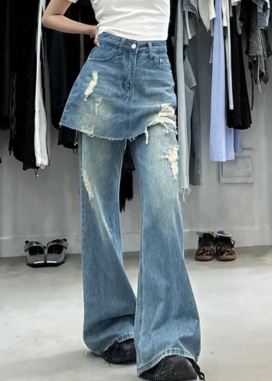 Pantalon en jean taille haute en faux deux pièces bleu chic pour l'été